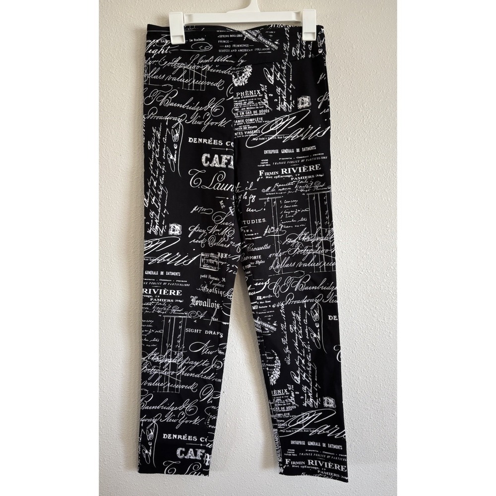 KRAZY LARRY Black White FRENCH NEWS Print Pull on Pants Women's 6 Stretch Artsy